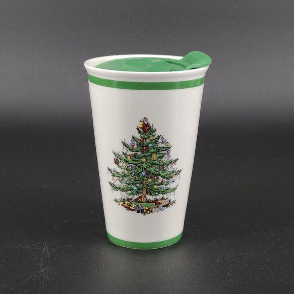 Spode Holiday Ceramic Travel Mug with Lid 8oz Christmas Tree Holly - Picture 1 of 4